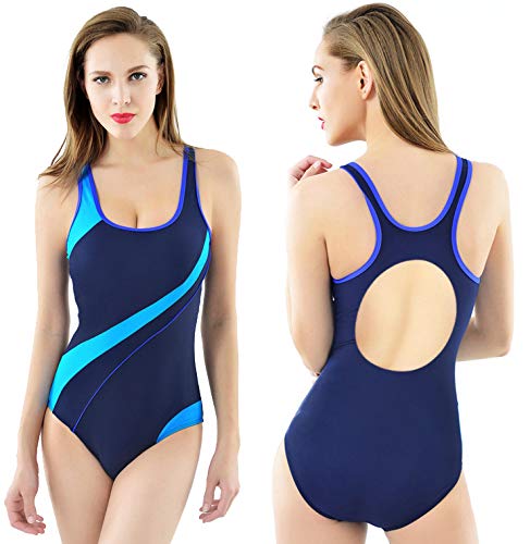 ANTSANG Womens One Piece Swimsuit Bathing Suit for Athletic Sport Training Exercise Racing (Blue, 16/18 (XL) - Thumbnail 4