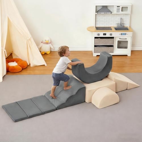 Garvee 7-Piece Toddler Climbing Toys, Indoor Soft Foam Play Blocks for Baby, Montessori Soft Play Set with Slide, Stairs & Ramp, Indoor Playground for Toddlers 1-3, Nursery & Playroom, Gray & Beige