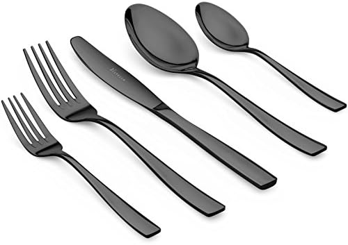 Vistella 5-Piece Mirror Black Dinnerware / Flatware Set - Premium Quality Silverware made of Fine Stainless Steel Metal - Elegant Modern &amp; Luxury Design Cutlery for Everyday Casual Use