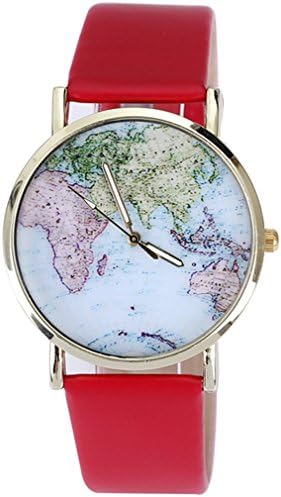 BUYEONLINE Women's Fashion Rose Gold Plated Pu Leather Quartz Light Color World Map Girls Casual Watch Red