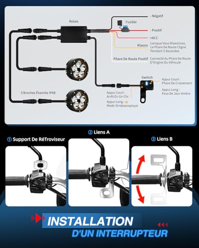 BraveWAY Additional Motorcycle Headlights 3.7 Inch 70W 16000LM DRL Amber Strobe Function Beam Combo Yellow/Black Covers U-Brackets and Tubular Cable Harness