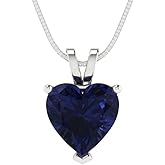 Clara Pucci 14K White Gold Plated Solitaire 16" Box-Chain Necklace - Sterling Silver 2ct Heart Cut Blue Sapphire Pendant