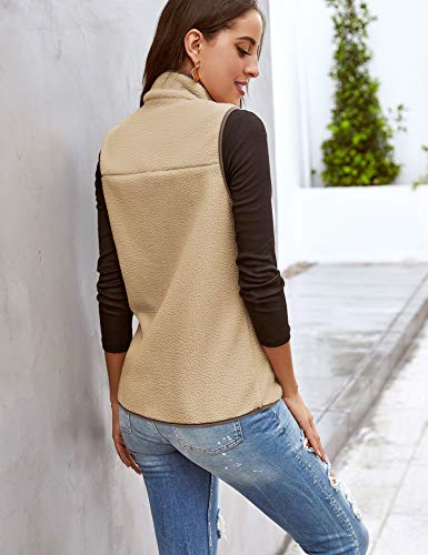 Sherpa Jacket Vest Open Front Fuzzy Fleece Fall Lady Outwear Classic Zip Up Sherpa Fleece Vest Fuzzy Jacket Khaki M