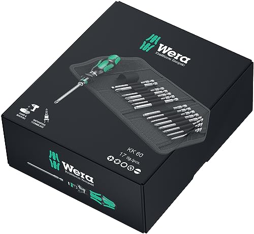 Wera 5059295001 KK 60 Kraftform Bitholding Screwdriver and 3 1/2-Inch Bit Pouch Set, 17-Piece, Multi