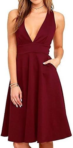 Summer Women’s A-Line Sleeveless Deep V-Neck MIDI Dress (L, Burgandy)