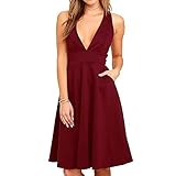 Summer Women’s A-Line Sleeveless Deep V-neck MIDI Dress (S, Burgandy)