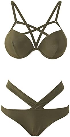 Vogueric Womens Sexy Strappy Bikini Swimsuit Push Up Padded Top Bathing Suit Olive Green Small