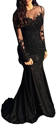 MJBridal Elegant Sheer Long Sleeve Black Mermaid Prom Dress Lace Evening Dress