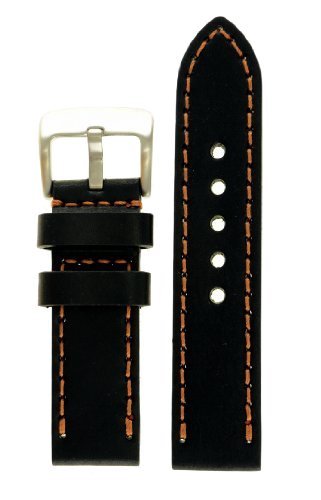 Panerai Style Thick Full Grain Leather Watch Band 24mm Wide, Black With Brown Stitch, With Heavy Stainless Steel Buckle - by JP Leatherworks