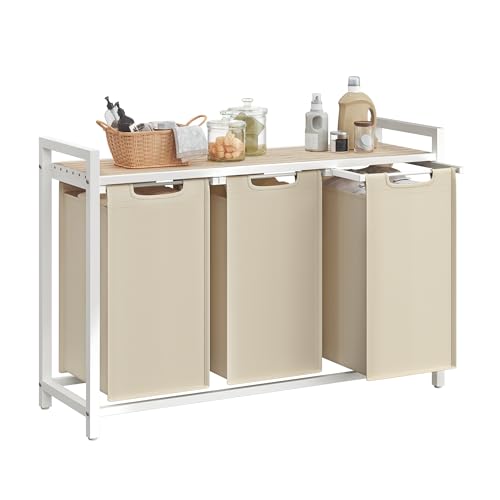 VASAGLE Wäschekorb mit Ablage, 3 x 40 L, Metallrahmen, 92,5 x 33 x 72 cm