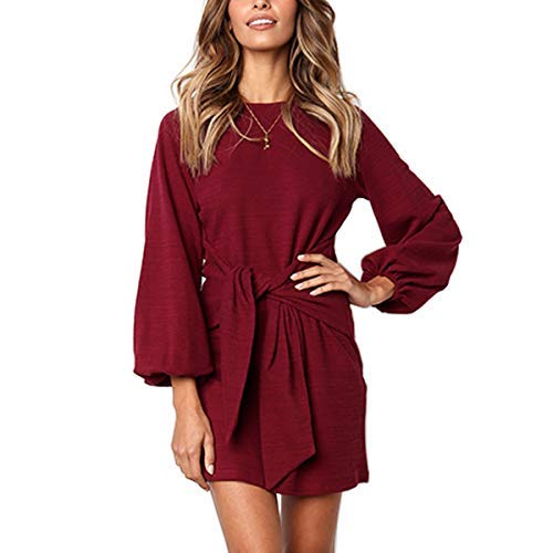 EbuyGo Women\'s Long Sleeve Casual Round Neck Wear to Work Casual Pencil Dress Belt