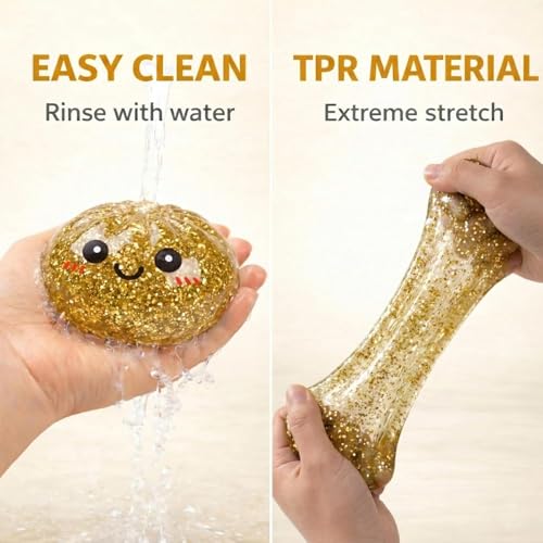 ORCHID M® Big Glitter Dumpling Squishy，Glitter Steamer Dumpling Stress Relief Ball - Sparkle Filled Sensory Squeeze Tool,Cute Adorable Soft Silicone Squeeze Toy (Golden)
