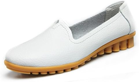Cunzhai Women's Leather loafers Round Toe Flats Casual Solid Color Slip On Boat Shoes 9.5