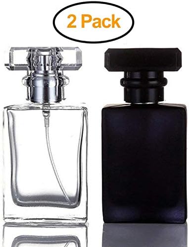 MuOu 2 Pack - 30ML Flint Glass Refillable Perfume Bottle, Square Portable Cologne Atomizer Empty Bottle with Spray Applicator For Travel (Transparent and Black)