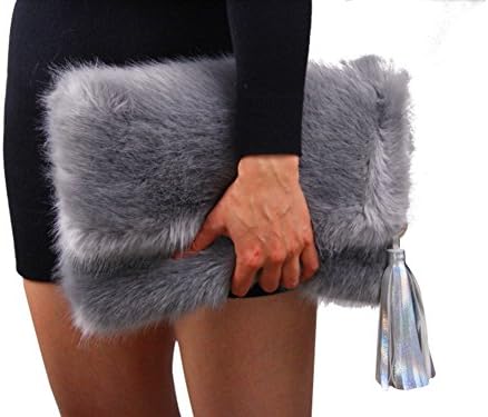Flada Women's Luxury Faux Fox Fur Fold Clutches Purse Messenger Bag Tassel
