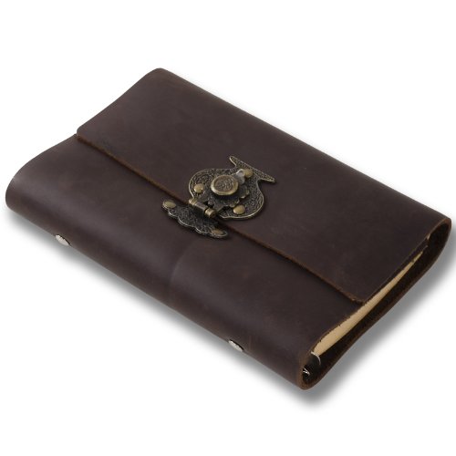 ANCICRAFT Leather Journal Small A6 Diary Notebook Refillable with Flower Vase Lock 6-ring Binder Lined Craft Paper (Dark brown flower vase lock A6)