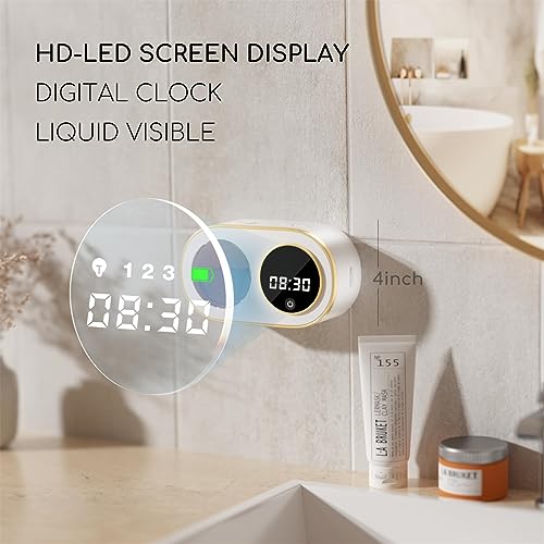 TERRIFI Wall Mount Automatic Foaming Soap Dispenser with Digital LED Clock, 3000mAh Rechargeable, 12oz Capacity, IPX5 Waterproof, Smart Electric Hand Soap Dispenser for Bathroom & Kitchen, White