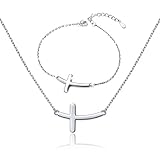 ATHENAA S925 Sterling Silver Concise Sideways Cross Pendant Necklace and Bracelet