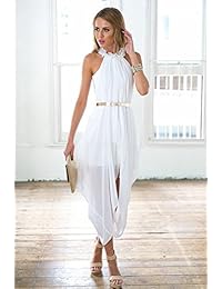 Vestido largo de gasa para mujer con pliegues de alto y bajo, delicado cinturón dorado