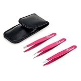 Codream 3pcs Eyebrow Tweezers Set, Stainless Steel Tweezers with Slanted, Straight and Pointed Tip for Ingrown Hair, Eyebrow shaping, Hair Removal Tool with Leather Black Case