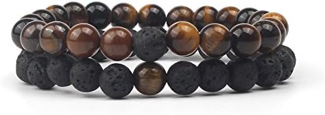 Friendship Couples Unisex 8mm Natural Stone Beaded Bracelets Mala Bead Gemstone Bracelet, Pack of 2, Tiger Eye and Black Lava