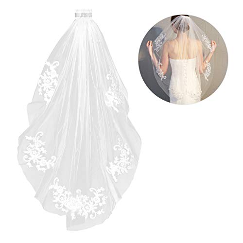 Frcolor Elegent Lace Appliques Wedding Veil Crystal Beaded With Comb
