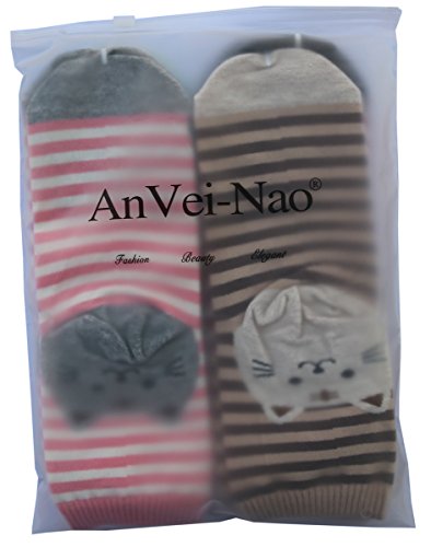 AnVei-Nao Womens Girls Stripe Cute Cat Cotton Soft Pattern Crew Socks 6 Pairs 3D