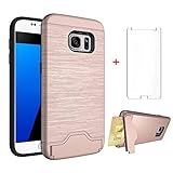 Samsung Galaxy S7 Wallet Phone Case with Tempered Glass Screen Protector Credit Card Holder Satnd Kickstand Silicone Full Body Protective Cover for Glaxay 7 7s GS7 SM-G930V Women Girls Pink Rose Gold