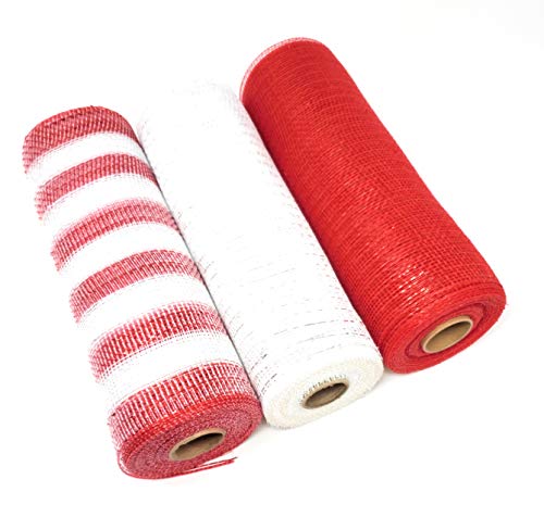 Valentine's Red Hearts 10 inch, 10 Yard Deluxe Decorative Metallic Deco Mesh Rolls (White, Red, Red and White)