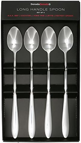 DenadaDenada Spoon Long Handle Stainless Steel 8" Bar Latte Iced Tea Parfait Ice Cream Spoons 4-pack (Design 3)
