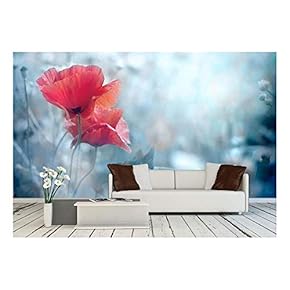 Field of Bright red Poppy Flowers in Summer - Removable Wall Mural | Self-Adhesive Large Wallpaper - 66x96 inches