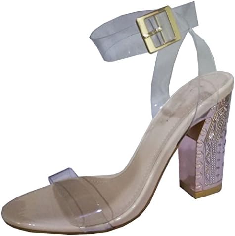 Ladies Clear Straps Block Heel Sandals, Perspex Ankle Strap Shoes, Size 3-8