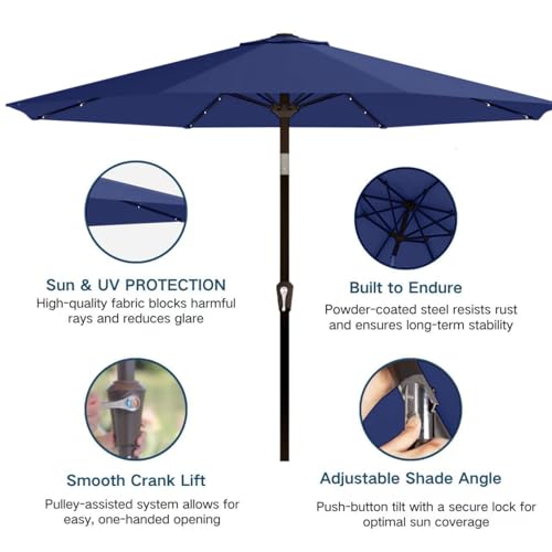 Patio kingdom 9' Solar LED Patio Umbrella with Tilt & Crank | 8 Sturdy Ribs,UV Protection,Outdoor Market Table Umbrella for Deck,Lawn,Pool,Backyard