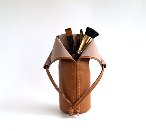 Travel Makeup Brush Holder Handmade Vegan Bag Faux Leather Pouch Brown Makeup Organizer Makeup Brush Storage Cosmetic Bag Brush Case Cosmetic Cup with Lid - Thumbnail 3