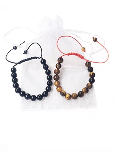 Black Onyx and Tiger's Eye Bracelets 8 mm Natural Stones Unisex for Couples Lovers Pack of 2 Organza Pouches