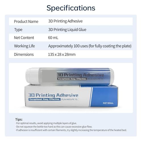 3D Printer Glue for CryoGrip/PEI Build Plate, Strong Adhesion Adhesive for PLA/PETG/ABS/TPU/PET Filaments, No Residue, Fast Drying Liquid Glue for 3D Printing, 60mL