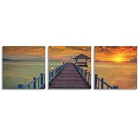 Canvas Wall Art Abstract Bridges Beautiful Sunset Painting Artwork for Home Prints Framed - 12"x12"x3 Panels