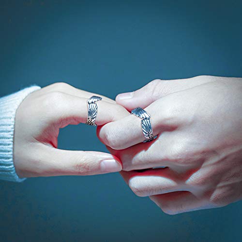 GAGAFEEL Antique 925 Sterling Silver Couple Ring for Women Men Feather Angel Wing Mens Rings Silver Wedding Band Vingage Open Promise Rings for Couples Adjust Size 6-13 (S: Adjust Sizes 6-11)