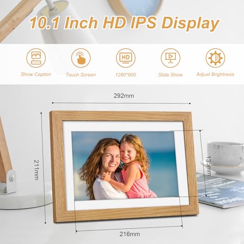 Digital Photo Frame WiFi Oak Wood Frame, Frameo Digital Picture Frame 10.1 Inch, 32GB Memory, 1280 * 800 HD IPS Touchscreen, Auto-Rotate, Share Photos Videos via Frameo APP, Gifts for Women/Men