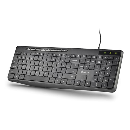 NGS Spectra – Kabelgebundene Computer-Tastatur, flach über USB, spanisches QUERTY-Layout, leise und schlank, 20 Multimedia-Tasten, spritzwassergeschützt, LED-Anzeigen, Plug & Play