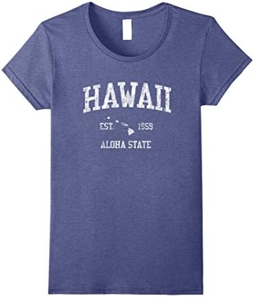 Womens Hawaii T-Shirt Vintage Sports Design Hawaiian Islands HI Tee Small Heather Blue