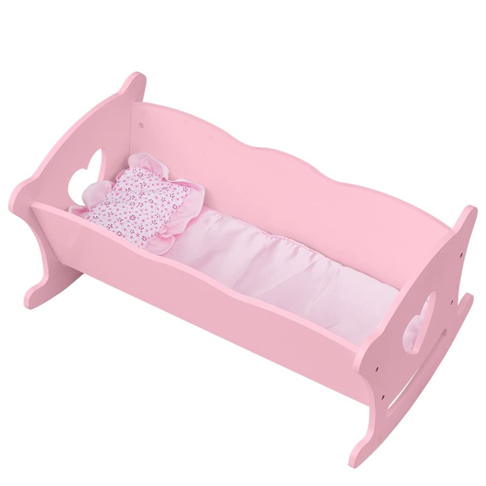 Wooden Doll's Cradle & Cot - Rocking Bed Accessory for Kids, Fits Up to 20'' Dolls (Pink)
