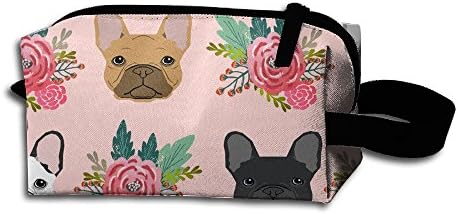 Cosmetic Bag,Cute Bull Dogs Pink Florals Printed Cosmetic Portable Makeup Pouch Multi-Functional Oxford Pouch Zipper Bag For Women Girl