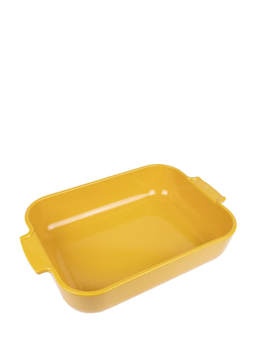 PEUGEOT - Rectangular Ceramic Baking Dish - 36 cm (including handles) x 22 cm x 6.8 cm - Capacity: 3.8 L - 6-7 Servings - 10 Year Guarantee - Made In France - Yellow Saffron Colour