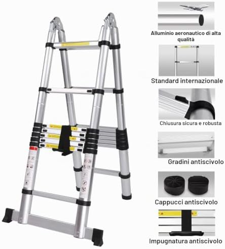 5M Scala Telescopica in Alluminio Scala Retrattile pieghevole, Capacità 150kg (2,5M+2,5M)