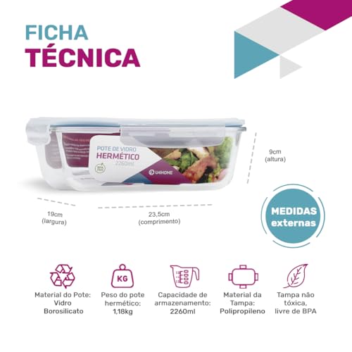 Kit 2 Potes de Vidro Retangular com Tampa Hermética 2260ml (Azul)