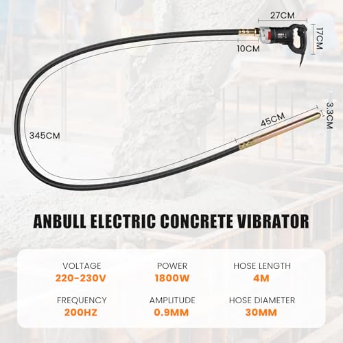 Anbull Electric Concrete Vibrator 4 m, 1800 W Vibrating Needle For Concrete, 5500 rpm, 0.9 mm Amplitude, Concrete Vibrator, Black