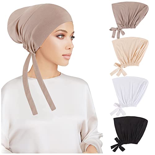 PHOGARY 4 Pcs Women Hijab Undercap, Islamic Muslim Under Hijab Cap Inner Under Scarf Hat Turban with Tie Back Closure