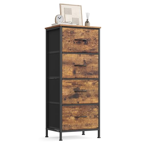 SONGMICS Cómoda, 4 Cajones de Tela, Acero, MDF, Tela no Tejida, para Dormitorio, Armario, Pasillo, Salón, Marrón Rústico y Negro Tinta MLGS314BH04