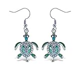 Puzzled Green Sea Turtle Fish Hook Earrings, 1.5 Inch Fashionable & Elegant Jewelry Rhinestone Studded Earring For Casual Formal Attire Ocean Marine Life Themed Girls Teens Women Fashion Ear Accessory